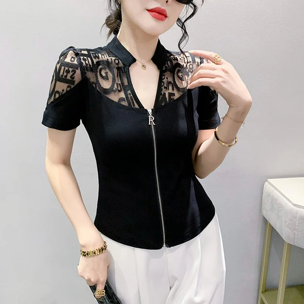 Summer European Clothes Sexy V Necks T-Shirt Women Embroidery Lace Front Zipper Slim Tops