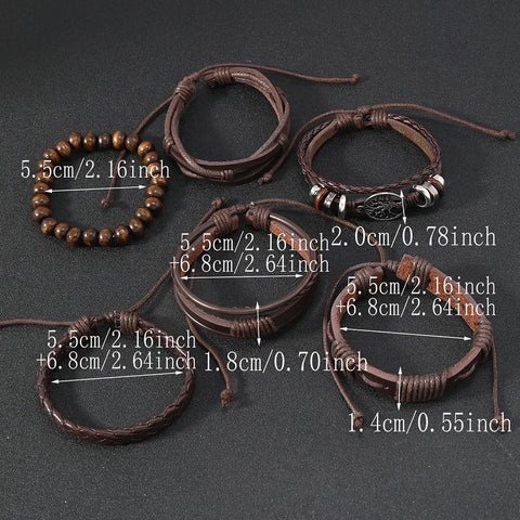 Punk Casual Bead6 Pc/set Tree Black Khaki Handmade Men Bracelets Male Women Leather Bracelets Men Bangle Wholesale Jewelry Gift