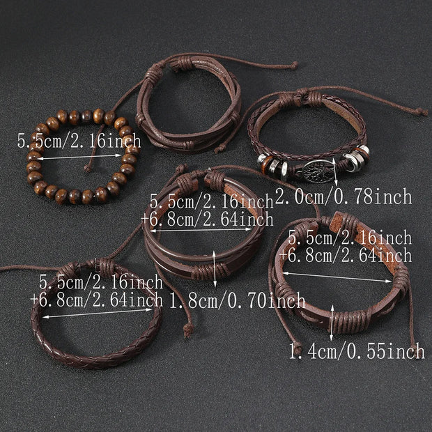Punk Casual Bead6 Pc/set Tree Black Khaki Handmade Men Bracelets Male Women Leather Bracelets Men Bangle Wholesale Jewelry Gift