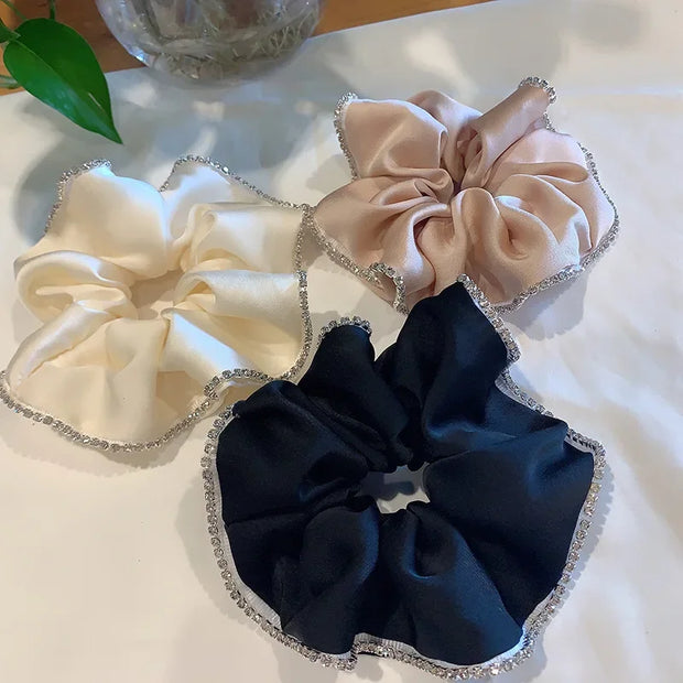 Elegant Solid Satin Scrunchies Elastic Hair Bands for Women Rhinestone Crystal Hairbands Korean Girls Head Tie Hair Accessories