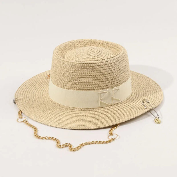 Fashionable Metal Letter Straw Hats for Women Men Summer Outdoor Holidays Beach Sun Hat Panama Hat