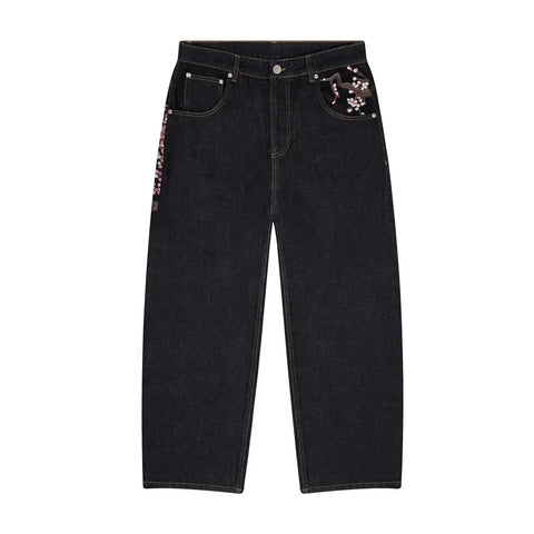 Y2k Vintage Baggy Cherry Blossom Knight Embroidery Jeans Fashion Men Women Streetwear Straight Wide Leg Patchwork Denim Pants