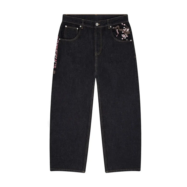 Y2k Vintage Baggy Cherry Blossom Knight Embroidery Jeans Fashion Men Women Streetwear Straight Wide Leg Patchwork Denim Pants
