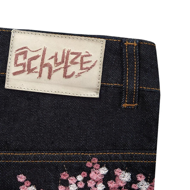 Y2k Vintage Baggy Cherry Blossom Knight Embroidery Jeans Fashion Men Women Streetwear Straight Wide Leg Patchwork Denim Pants