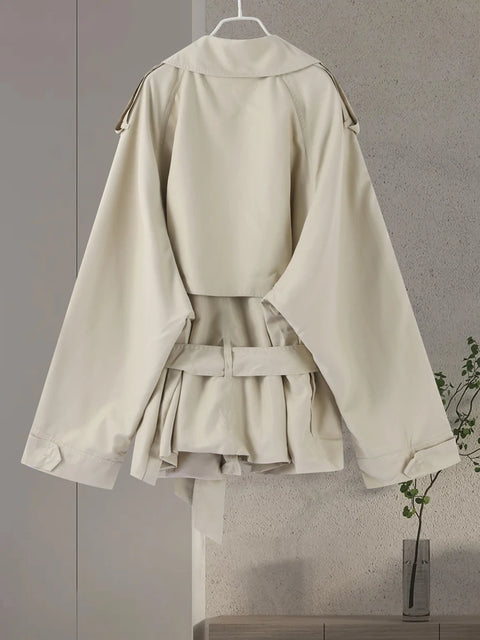 Lace Up Trench Coat With Belt Suit Collar Waist Cinched Slimming Drop Shoulder Short Windbreaker Jacket Retro Casual Outwear