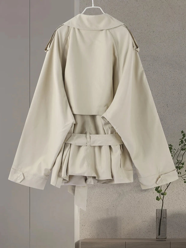 Lace Up Trench Coat With Belt Suit Collar Waist Cinched Slimming Drop Shoulder Short Windbreaker Jacket Retro Casual Outwear