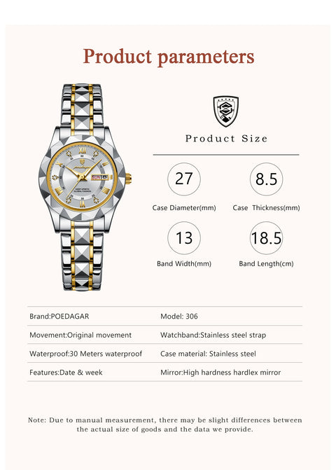 POEDAGAR Luxury Quartz Watch for Ladies Waterproof Luminous Date Week Stainless Steel Women Watches Elegant Dress WristWatch+box