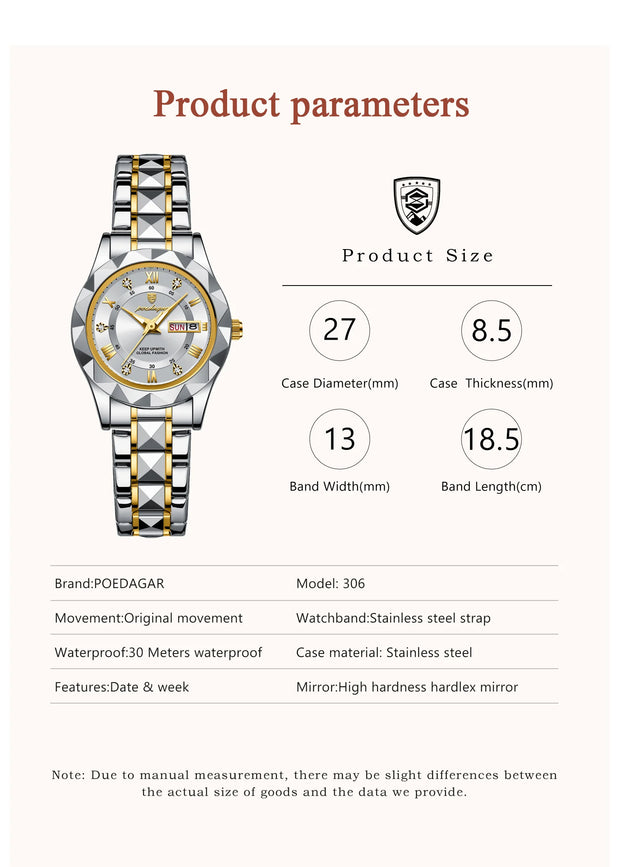 POEDAGAR Luxury Quartz Watch for Ladies Waterproof Luminous Date Week Stainless Steel Women Watches Elegant Dress WristWatch+box