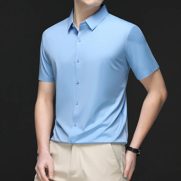 New Men's Business Casual Solid Color Short Sleeved Shirt for Summer Fashion No Ironing Comfortable and Versatile Top