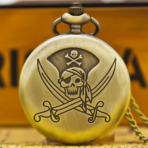 Vintage Bronze Large Pirate Skull Carved Necklace Quartz Pocket Watch Handsome Gift For Both Men And Women