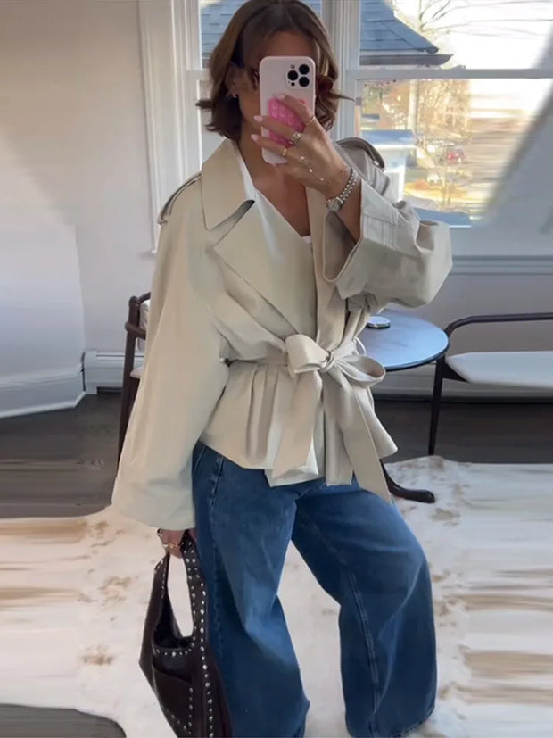 Lace Up Trench Coat With Belt Suit Collar Waist Cinched Slimming Drop Shoulder Short Windbreaker Jacket Retro Casual Outwear