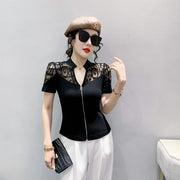 Summer European Clothes Sexy V Necks T-Shirt Women Embroidery Lace Front Zipper Slim Tops