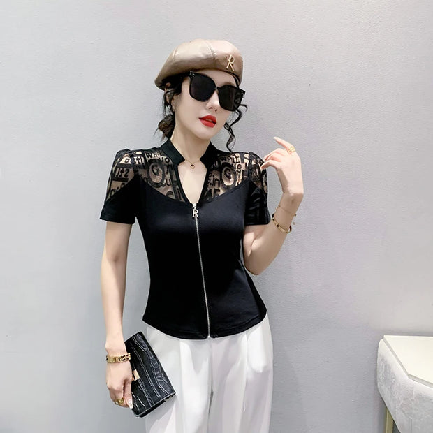 Summer European Clothes Sexy V Necks T-Shirt Women Embroidery Lace Front Zipper Slim Tops