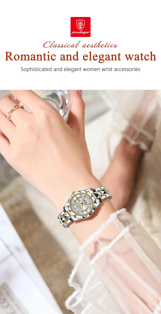POEDAGAR Luxury Quartz Watch for Ladies Waterproof Luminous Date Week Stainless Steel Women Watches Elegant Dress WristWatch+box