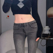 Flare Gray Pants for Woman Bell Bottom Women's Jeans Flared with Pockets Trousers Low Rise Waist 2000s Y2k Good Quality R Summer