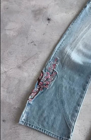 Y2k Vintage Baggy Cherry Blossom Knight Embroidery Jeans Fashion Men Women Streetwear Straight Wide Leg Patchwork Denim Pants