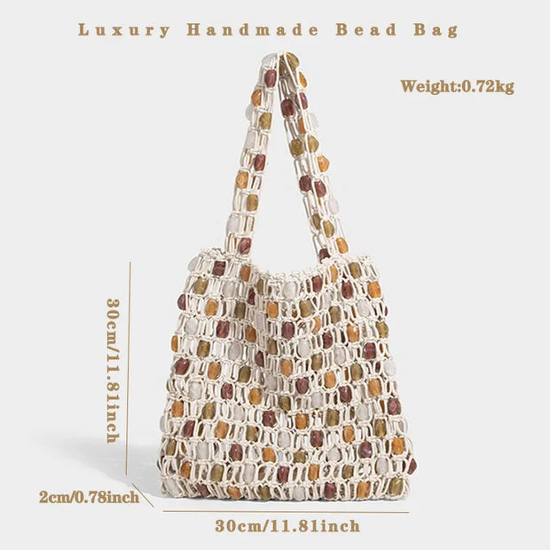 Women Beaded Bag Summer Design Hollow-out Woven Bead Tote Bag Shoulder Bag Female Small Handbag