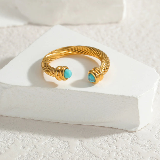 Nextvance Vintage C-shaped Twisty Ring 14K For Women Gold Plated Stainless Steel Inlay Natural Stone Metal Texture Jewelry Gifts