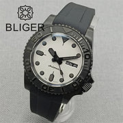 BLIGER 40mm 3.8 O'clock Crown Watch For Men NH36 Movement Week-day Display Function Full Black PVD Case Rubber Strap Waterproof