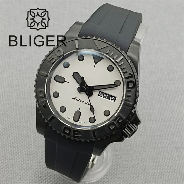 BLIGER 40mm 3.8 O'clock Crown Watch For Men NH36 Movement Week-day Display Function Full Black PVD Case Rubber Strap Waterproof
