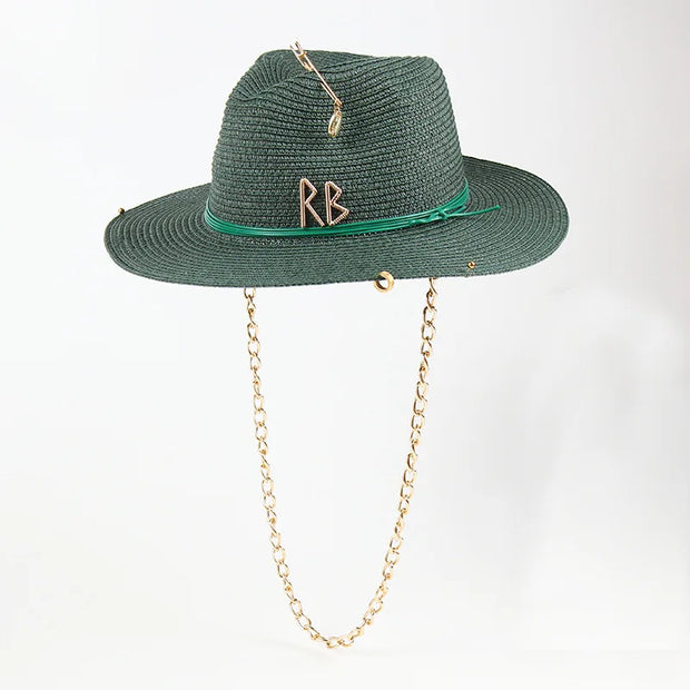 Fashionable Metal Letter Straw Hats for Women Men Summer Outdoor Holidays Beach Sun Hat Panama Hat