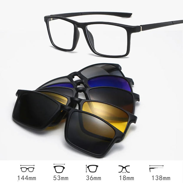 HDCRAFTER 6 In 1 Magnet Polarized Clip Glasses Frame Men TR90 Optical Myopia Clip Glasses For Men Prescription Eyeglasses Frame