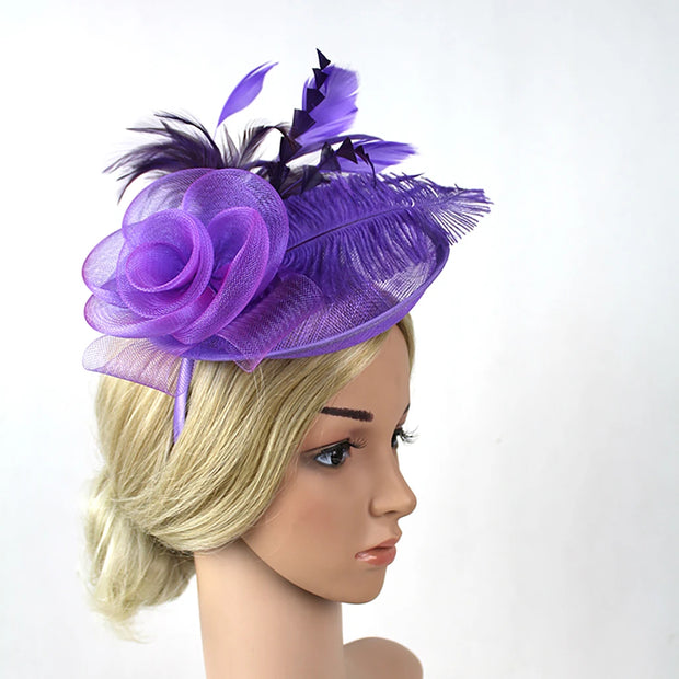 Women Ascot Fascinator Hat Feather Mesh Headband with Clip Reversible Kentucky Derby Photography for Ladies Tea Party