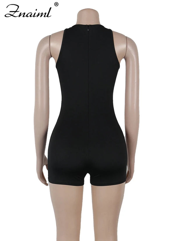 Znaiml Crystal Rhinestone Black Short Jumpsuit Club Outfits Women Sleeveless Hollow Out One Pieces Rompers Playsuits Birthday