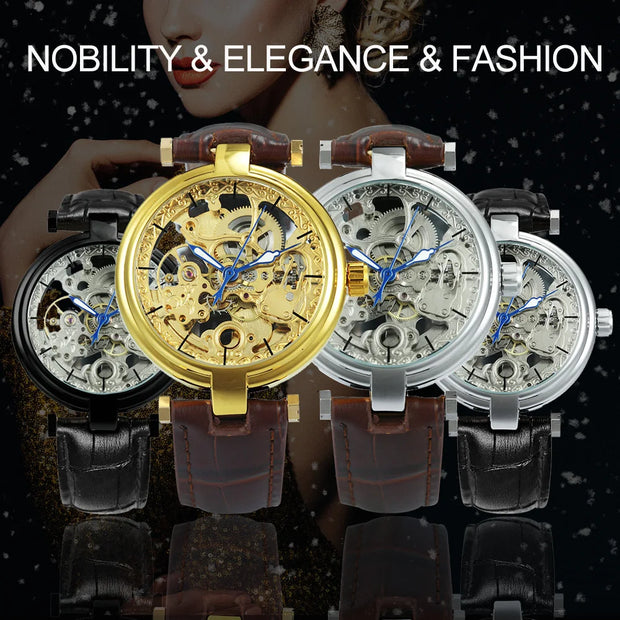 Forsining Fashion Luxury Skeleton Automatic Watch for Women Luminous Hands Elegant Gold Mechanical Ladies Watches Leather Strap