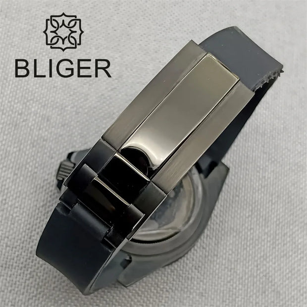 BLIGER 40mm 3.8 O'clock Crown Watch For Men NH36 Movement Week-day Display Function Full Black PVD Case Rubber Strap Waterproof