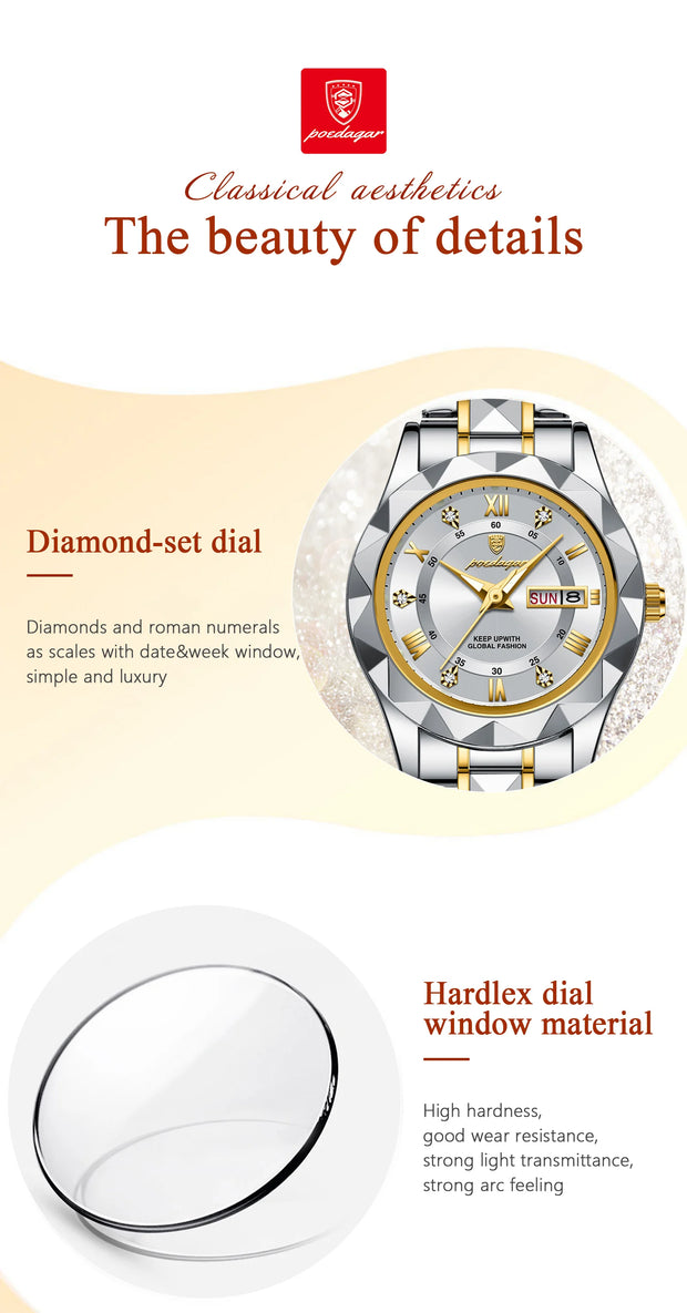 POEDAGAR Luxury Quartz Watch for Ladies Waterproof Luminous Date Week Stainless Steel Women Watches Elegant Dress WristWatch+box