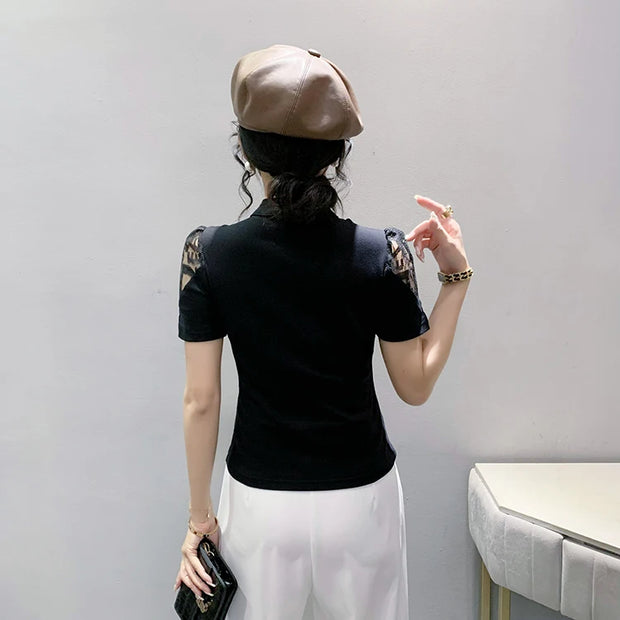 Summer European Clothes Sexy V Necks T-Shirt Women Embroidery Lace Front Zipper Slim Tops