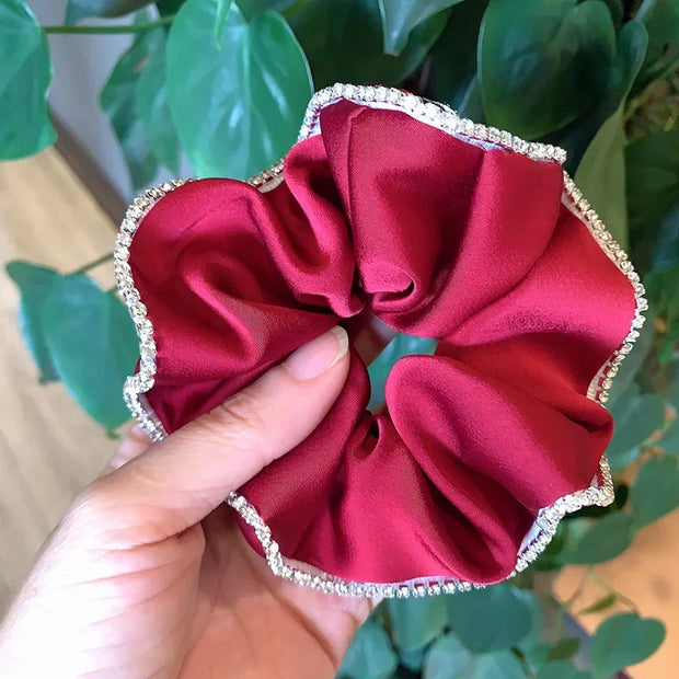 Elegant Solid Satin Scrunchies Elastic Hair Bands for Women Rhinestone Crystal Hairbands Korean Girls Head Tie Hair Accessories