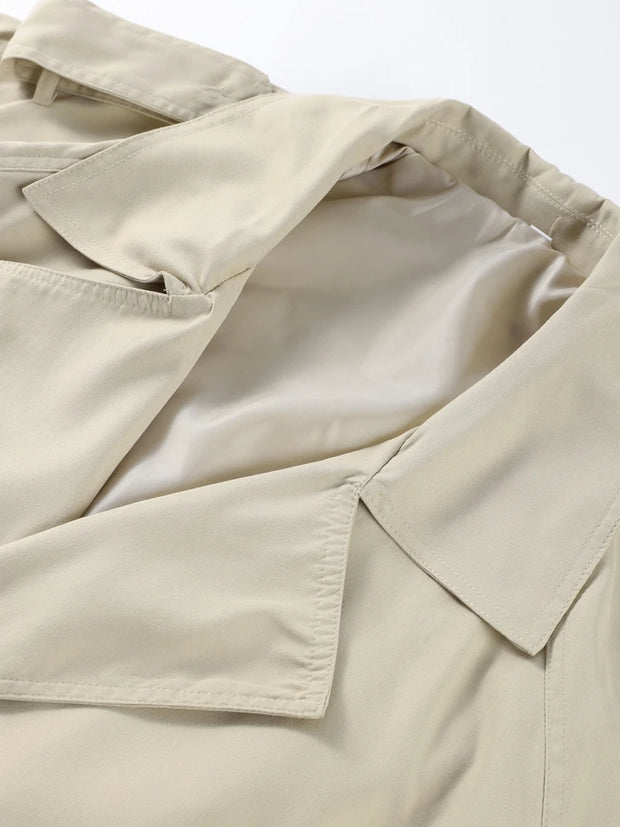 Lace Up Trench Coat With Belt Suit Collar Waist Cinched Slimming Drop Shoulder Short Windbreaker Jacket Retro Casual Outwear