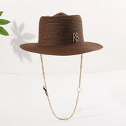 Fashionable Metal Letter Straw Hats for Women Men Summer Outdoor Holidays Beach Sun Hat Panama Hat