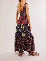 Imcute Women Summer Dresses Flowy Smocked Maxi Dress Sleeveless Tie Shoulder Boho Dresses Y2K Floral Beach Sundresses