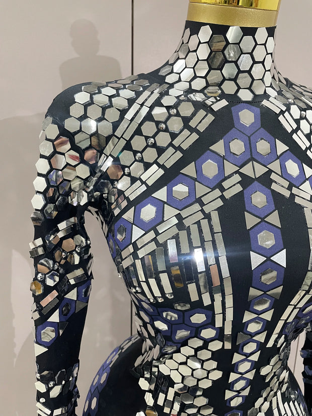 Sexy Shiny Silver Sequins Mirror Black Spandex Jumpsuit 2025 Women Prom Dancer Singer Costume Evening Birthday Show Stage Outfit