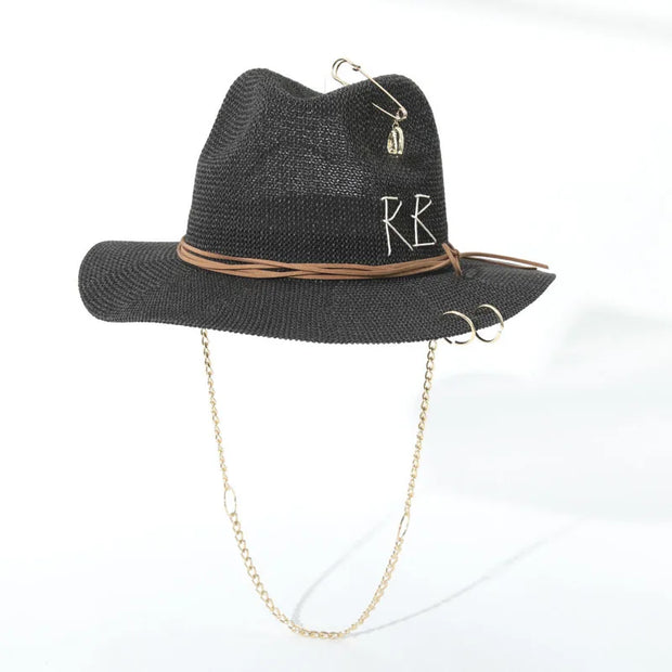 Fashionable Metal Letter Straw Hats for Women Men Summer Outdoor Holidays Beach Sun Hat Panama Hat