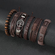 Punk Casual Bead6 Pc/set Tree Black Khaki Handmade Men Bracelets Male Women Leather Bracelets Men Bangle Wholesale Jewelry Gift