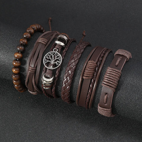 Punk Casual Bead6 Pc/set Tree Black Khaki Handmade Men Bracelets Male Women Leather Bracelets Men Bangle Wholesale Jewelry Gift