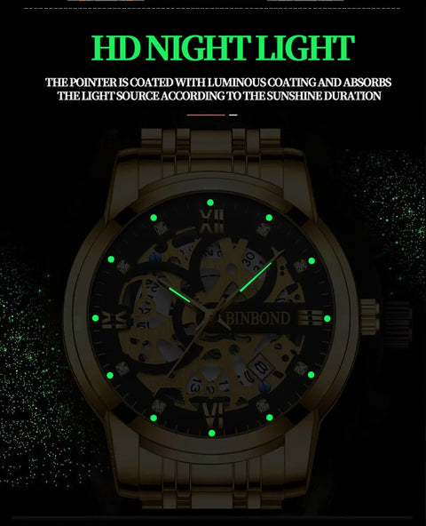 BINBOND Business New Automatic Non-Mechanical Quartz Watches 30M Waterproof Luminous Tourbillon Trendy Hollow Design Men Watches