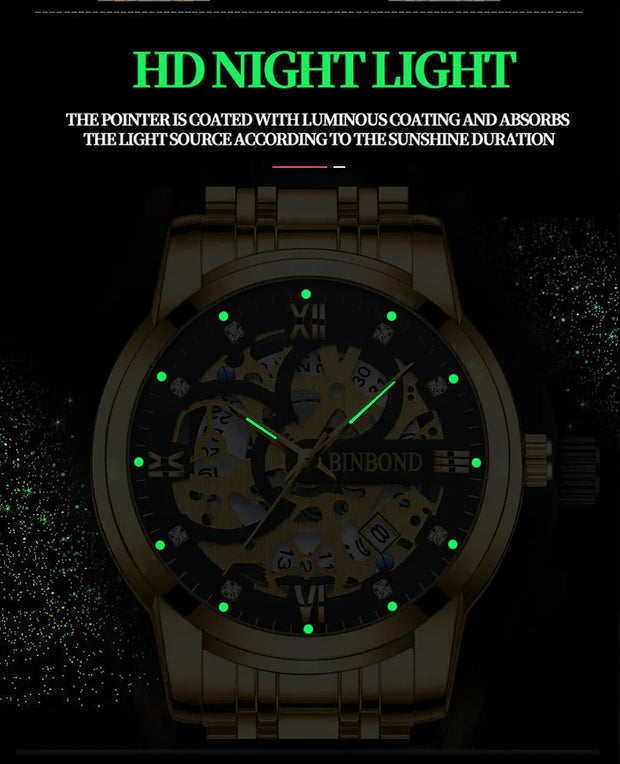 BINBOND Business New Automatic Non-Mechanical Quartz Watches 30M Waterproof Luminous Tourbillon Trendy Hollow Design Men Watches