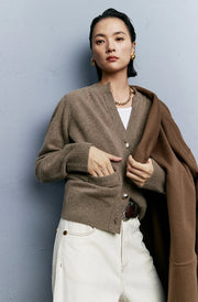 Autumn/Winter Knitted Loose Cardigan Jacket Pure Wool Sweater Temperament round Neck Slim Fit Long Sleeve Top for Women