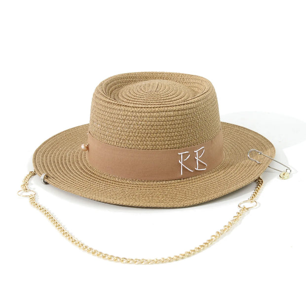 Fashionable Metal Letter Straw Hats for Women Men Summer Outdoor Holidays Beach Sun Hat Panama Hat