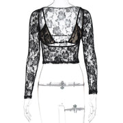 HLJ Y2K Sexy Lace Two Piece Set for Woman Letter Printing See Through Long Sleeve Crop Top + Shorts Suits Female Streetwear New