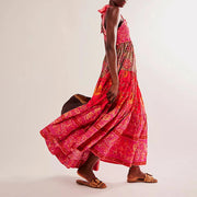Imcute Women Summer Dresses Flowy Smocked Maxi Dress Sleeveless Tie Shoulder Boho Dresses Y2K Floral Beach Sundresses