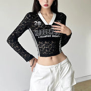HLJ Y2K Sexy Lace Two Piece Set for Woman Letter Printing See Through Long Sleeve Crop Top + Shorts Suits Female Streetwear New