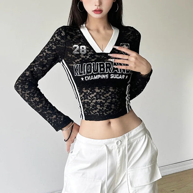 HLJ Y2K Sexy Lace Two Piece Set for Woman Letter Printing See Through Long Sleeve Crop Top + Shorts Suits Female Streetwear New