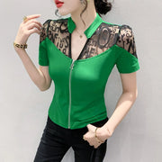 Summer European Clothes Sexy V Necks T-Shirt Women Embroidery Lace Front Zipper Slim Tops