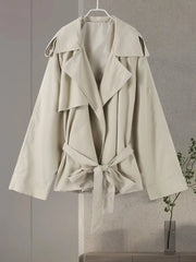 Lace Up Trench Coat With Belt Suit Collar Waist Cinched Slimming Drop Shoulder Short Windbreaker Jacket Retro Casual Outwear